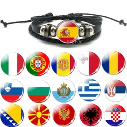 Ukrain Country Flag Pattern Bracelet Albania Spain Portugal Italy Greece Flag Glass Dome Black Leather Bracelet Flag Trinkt