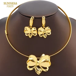 SUNNESA Fashion Gold Plated African Jewelry Set For Women Dubai Bride Wedding Gift BowKnot Round Necklace Earrings Jewellery