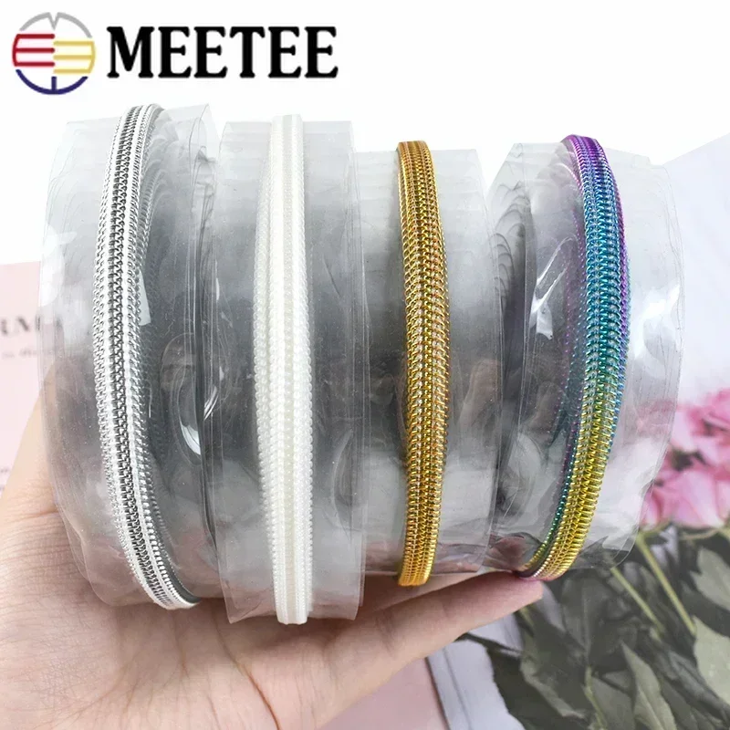 Meetee 2/5/10Meters 3# 5# Transparent PVC Nylon Zippers Clothes Raincoat Bag Zip Tape Repair Kit DIY Sewing Zipper Accessories