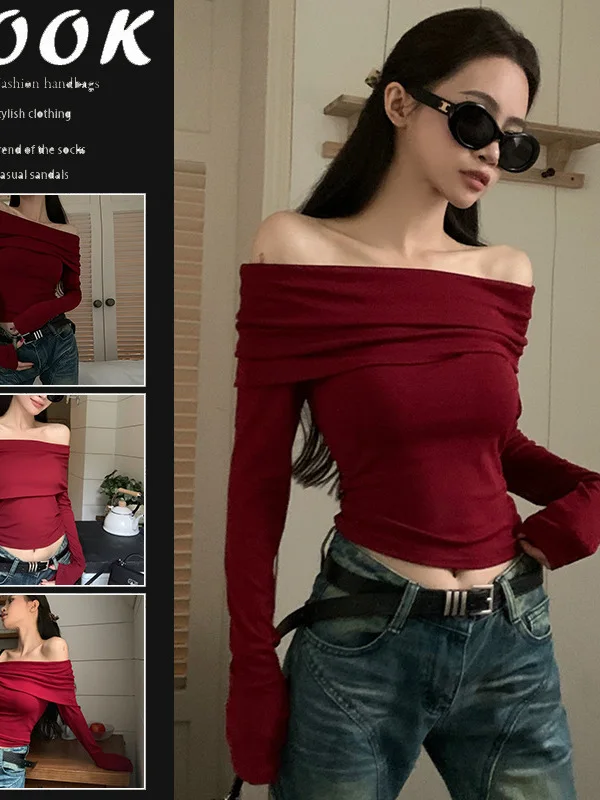 Wine Red Sweet One Shoulder Pleated Long Sleeve Shirt Women Top Summer Slim Fit French Sexy Slimming Revealing Navel Outfit BM5Q