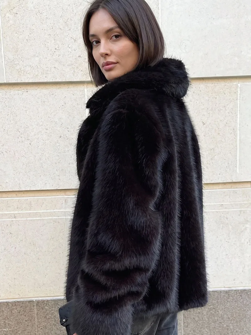 Black Faux Fur Coat for Women Autumn Winter Long Sleeved Loose Warm Outerwear Retro Casual Mid Length Plush Overcoat