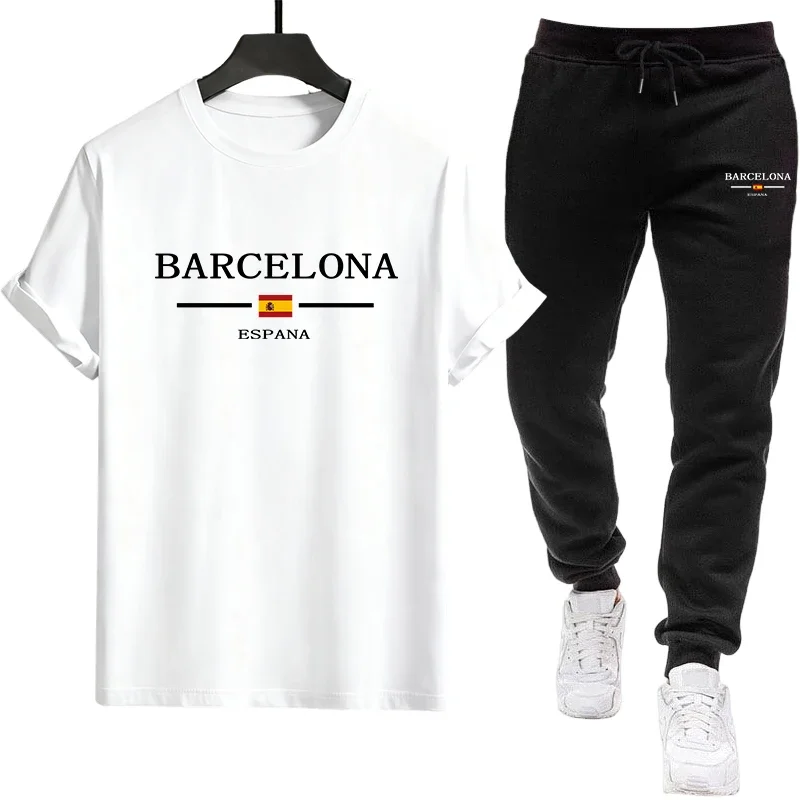 

Летний спортивный костюм для мужчин: футболка с коротким рукавом и спортивные штаны, повседневный, качественный, универсальный, для активного отдыха, горячая распродажа