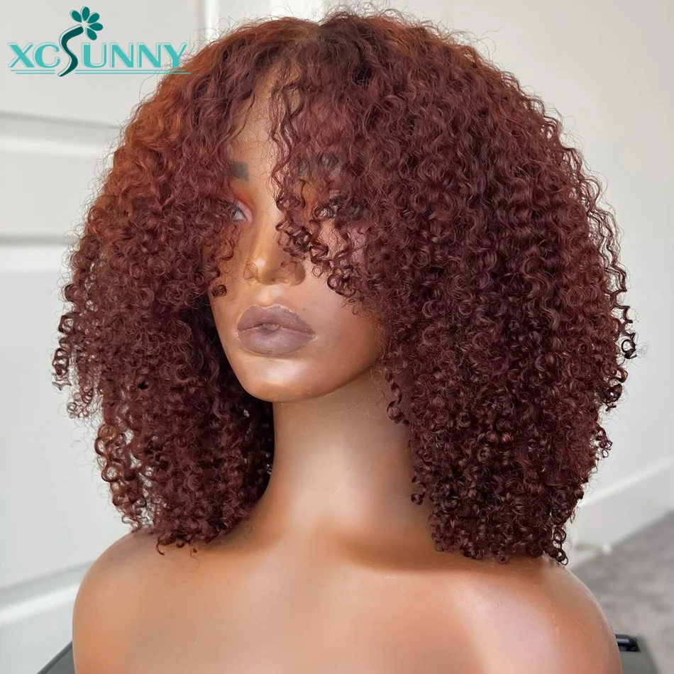 

Reddish Brown Human Hair Wig Copper Red Afro Kinky Curly Wig With Bangs Brazilian Machine Made Bang Wig Human Hair Xcsunny