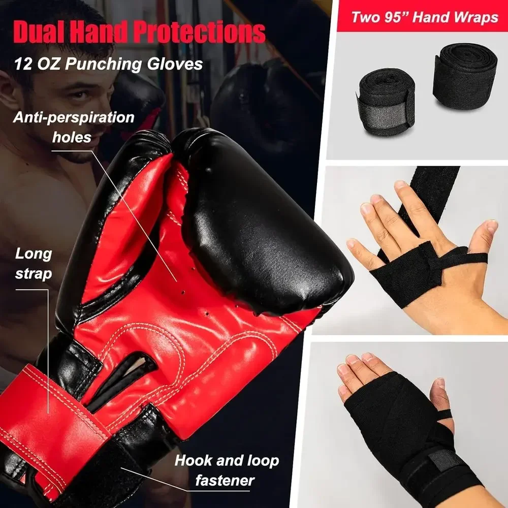 64LBS Heavy Duty Hanging Boxing Bag Set with 12OZ Gloves & 95 Hand Wraps for Home Gym and Martial Arts Training