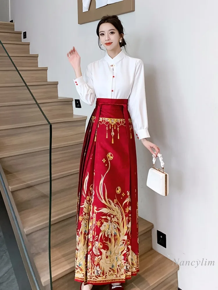 

Новый Улучшенный женский осенне-зимний костюм Hanfu в китайском стиле для помолвки костюм с красной юбкой с изображением лошади костюм в национальном стиле