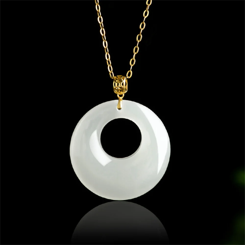 

18K Gold Natural White HeTian Jade Fortune Round Harmony Drop Pendant Amulet Chain Necklace Certificate Luxury Jade Jewelry