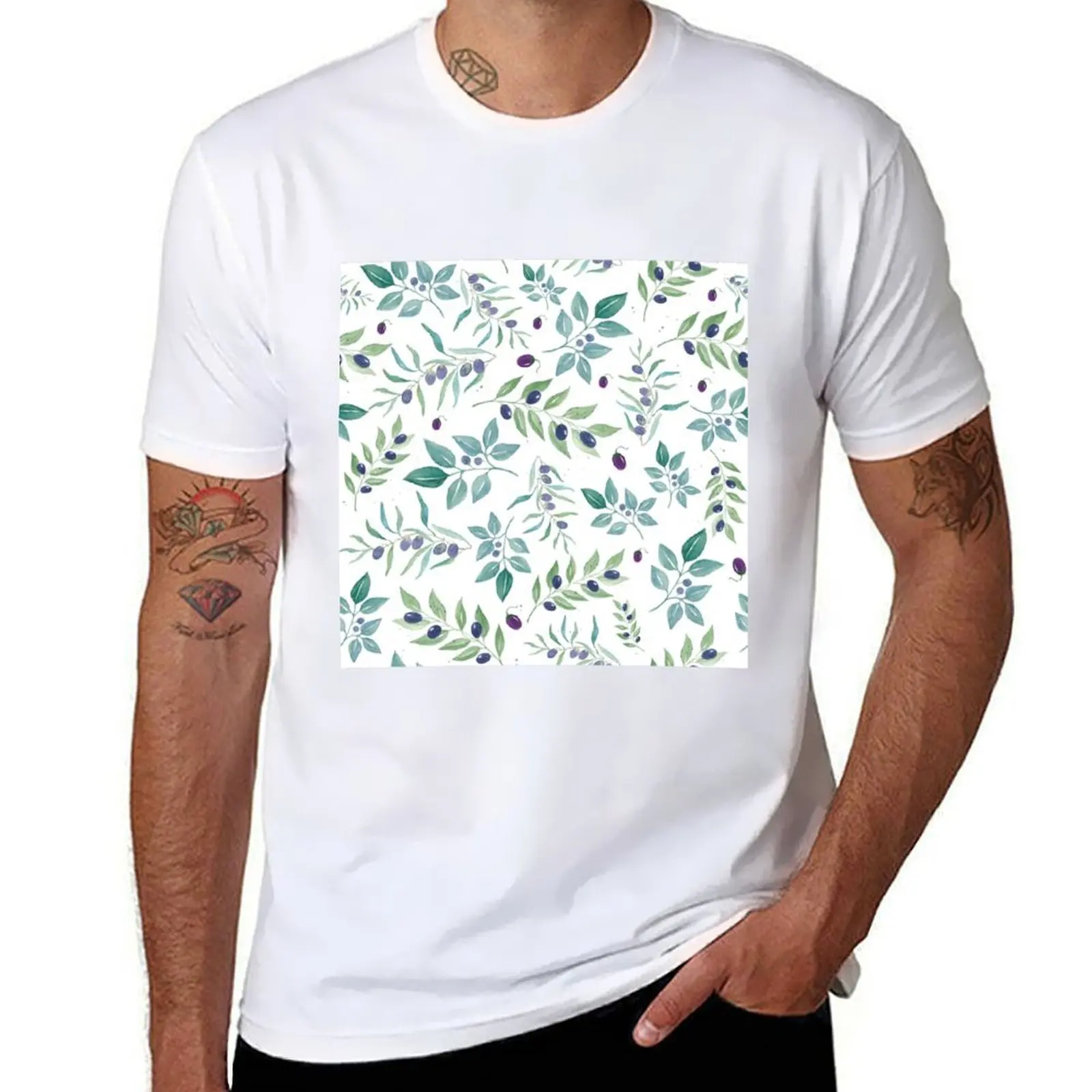 

Olive Branch Watercolor Pattern T-Shirt t shirt man casual cotton t shirt pack cotton t shirts man 100% T-shirt