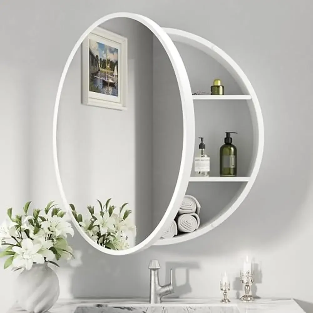 White Metal Frame Round Bathroom Medicine Cabinet Wall Mount Adjustable Organizers Smooth Door Operation Solid Construction Easy