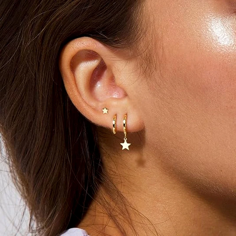 3 Pairs Gold Plated Stainless Steel Stud Earrings Set Heart Moon Star Small Hoop Earrings For Women