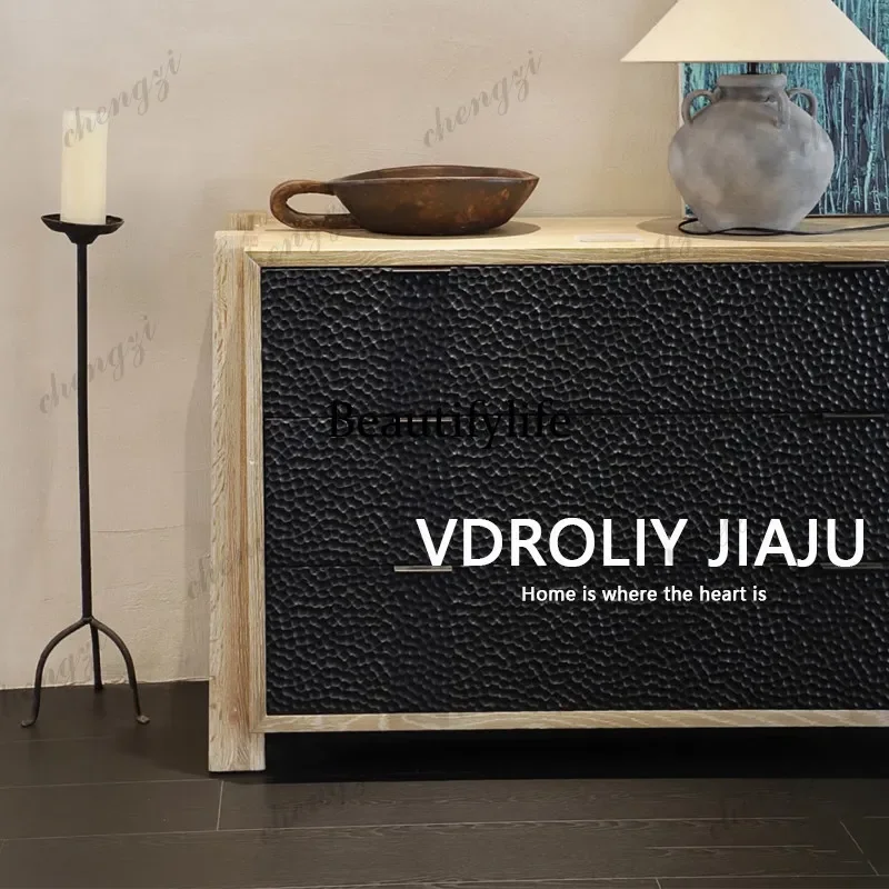 A4567 Medieval retro solid wood creative black texture dining side cabinet designer wabi sanfeng art living room entrance locker