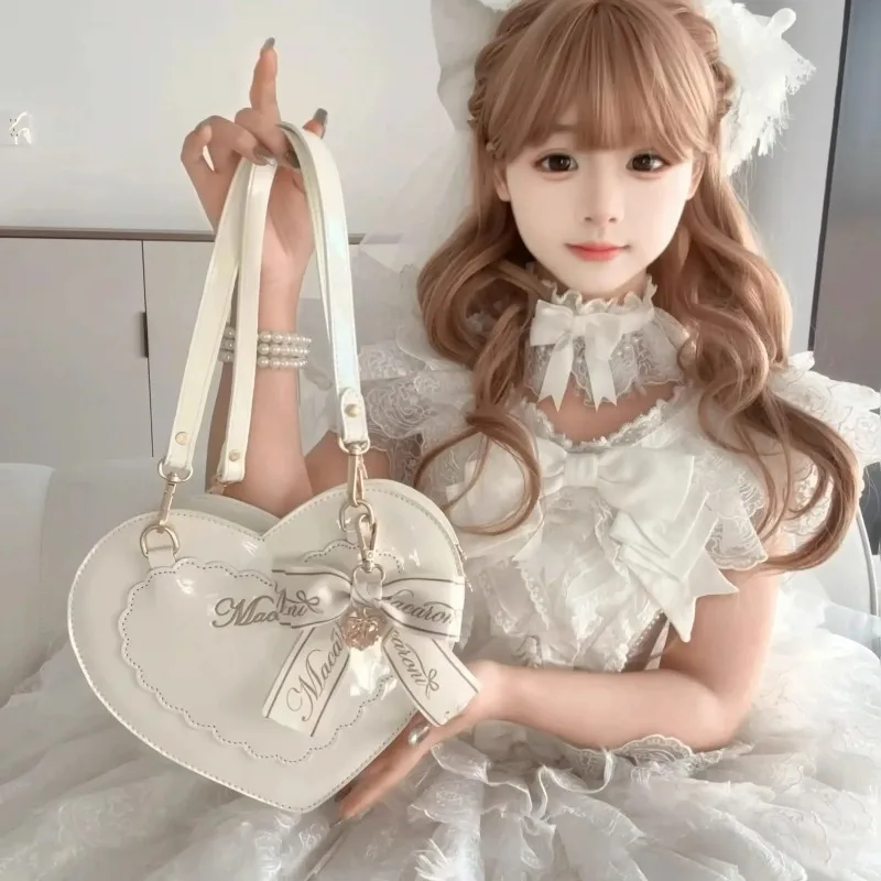 Japanese‑Style Sweet Cute Heart‑Shape Lolita Messenger Bag, Bow Decor Soft‑Girl Elegant Shoulder Purse for Women Daily Cosplay