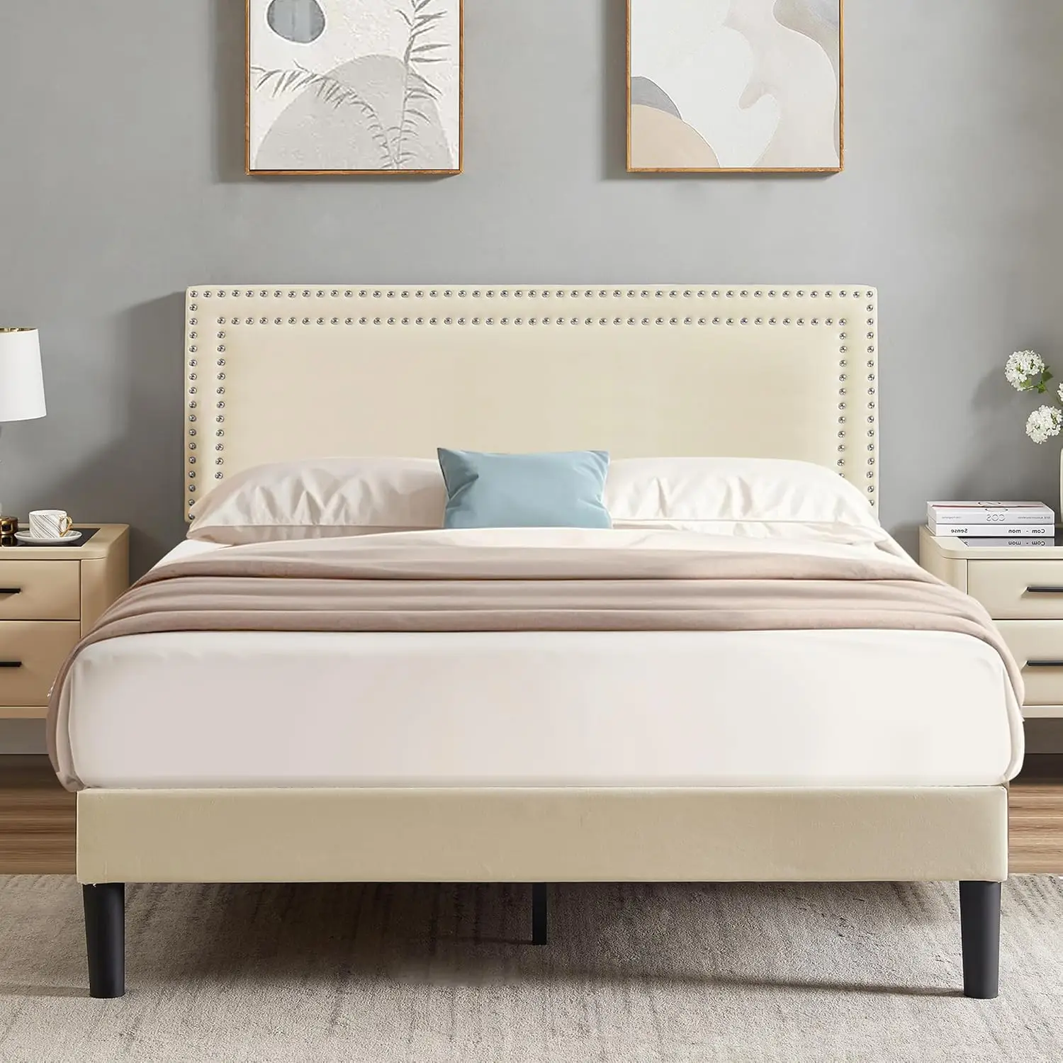 Full Size Platform Bed Frame with Height Adjustable Upholstered Headboard, Modern Mattress Foundation,Strong Wood Slat Support