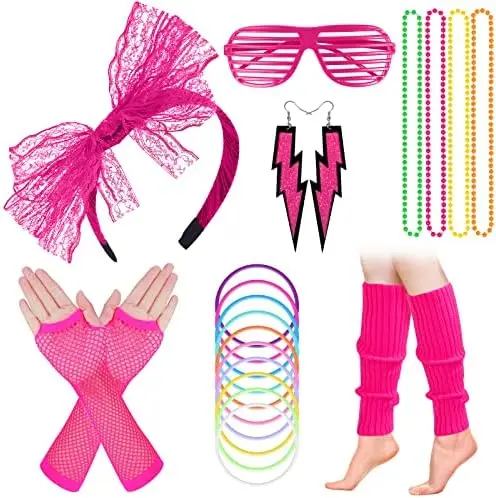 PESENAR 80s Women\'s Costume Outfit Accessories Set 80s Fancy Dress Neon Headband Earrings Fishnet Gloves Necklace for 80s Party