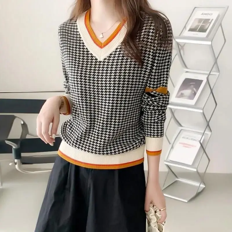 Autumn Winter Korean Houndstooth V-Neck Color Blocking Knitted Pullover Tops Fashion All-match Loose Long Sleeve T-Shirt Women