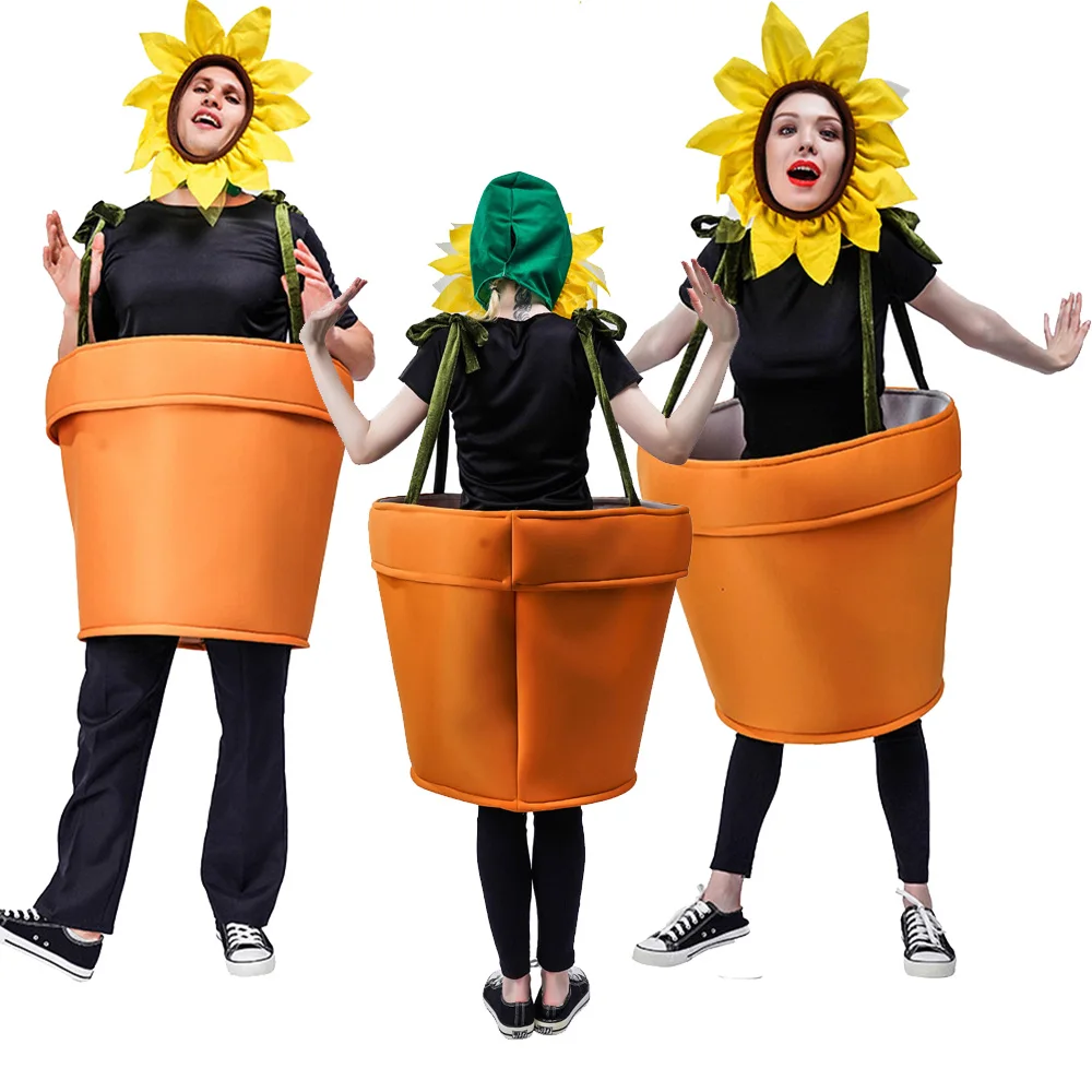 

Men Stage Performance Outfits Funny Sunflower Cosplay Costume Woman Black Clothes Headwear Set Halloween Carnival Party Suit