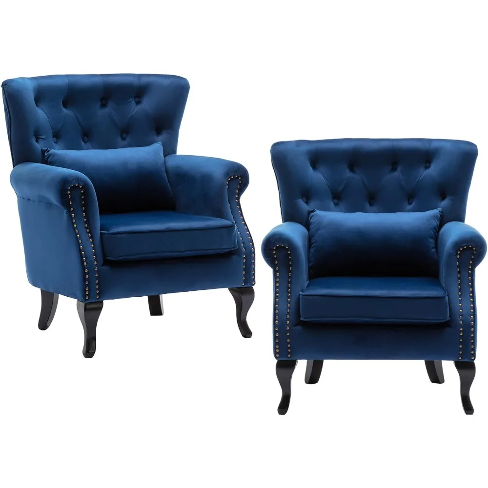 Mid-Century Modern Accent Chairs Set of 2 Comfy Tufted Single Sofa Chair Wingback Armchair with Pillow for Club, Living Room, B