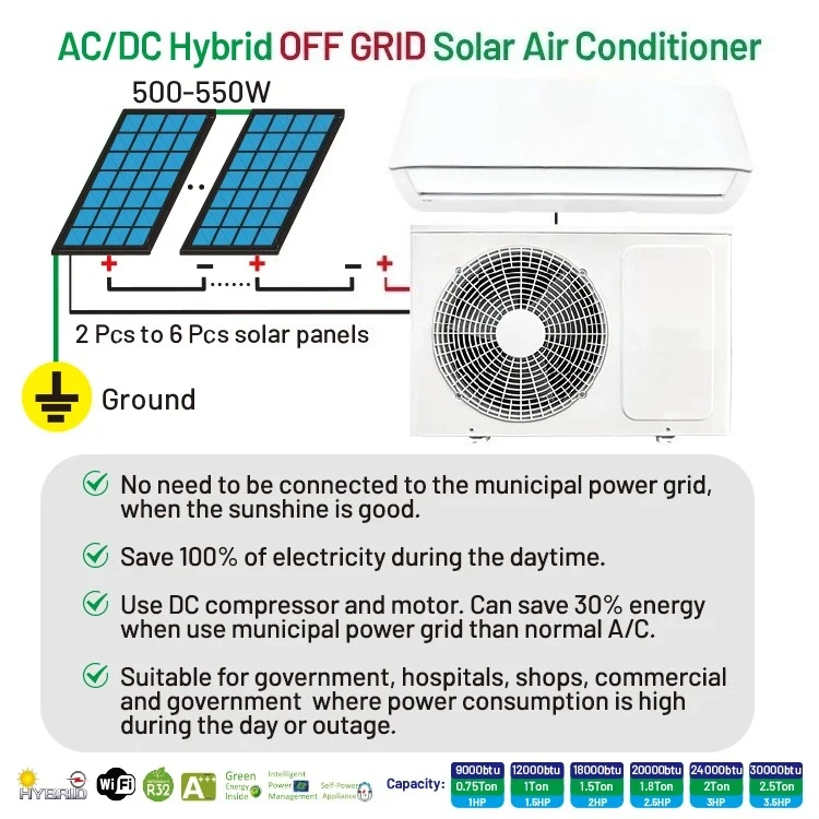 9000BTU Hybrid Solar air Conditioner 18000BTU AC DC Off Grid Solar air Conditioning for Home