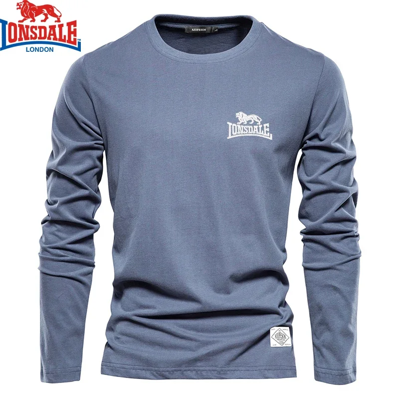 T-shirt a maniche lunghe girocollo in puro cotone 100% LONSDALE ricamata per sport all\'aria aperta casual di alta qualità da uomo