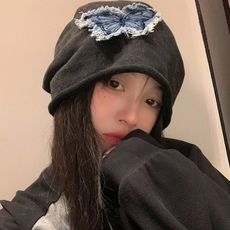 

New Cowboy Butterfly Embroidery Casual Fleece Cap Korean Version of The Loose Cap Rolled Edge Retro Fashion Women's Padded Cap