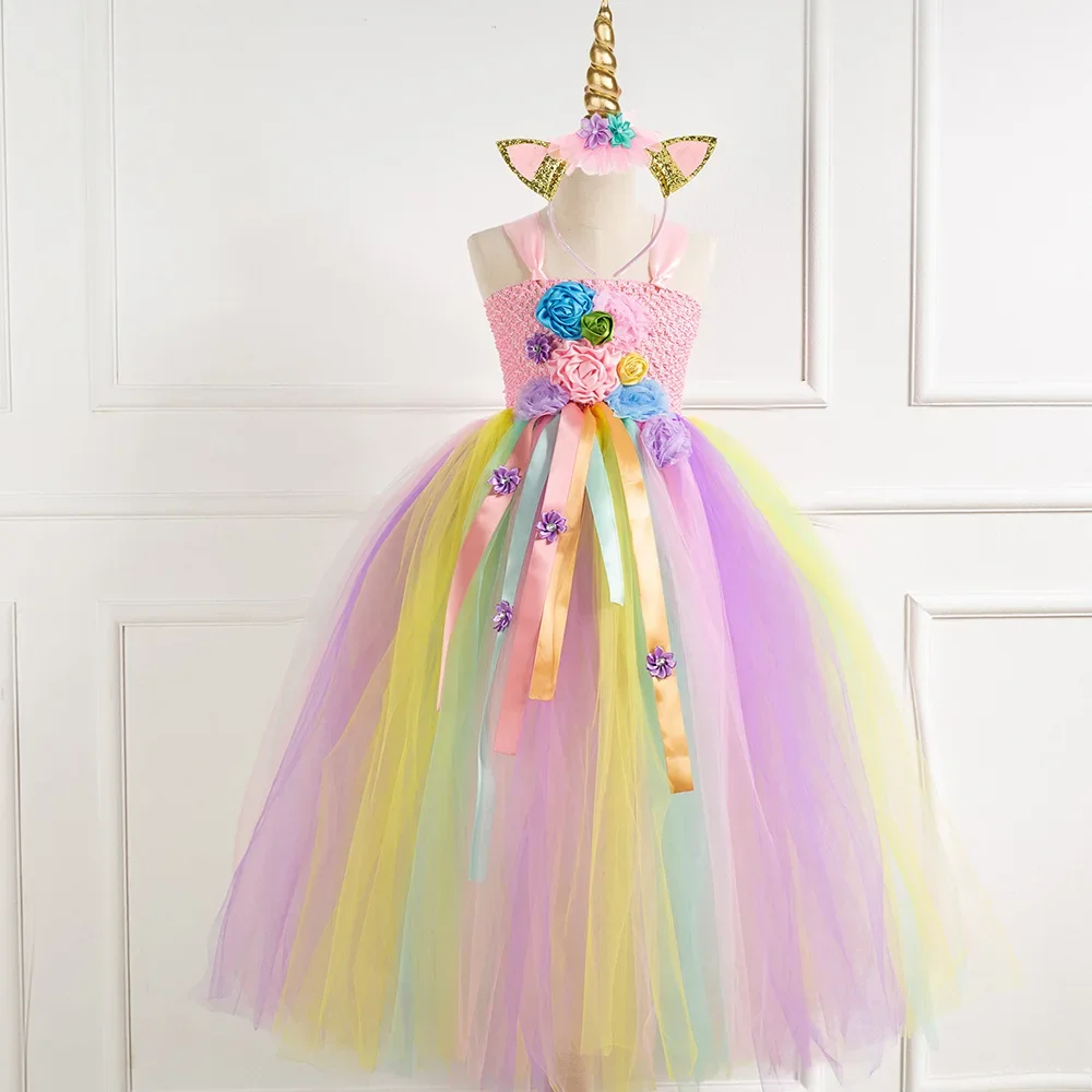 Girls Princess Unicorn Dress set Long tutu Kids Dresses for Gilrs Cosplay Birthdays Halloween Rainbow Unicorn Party Costume