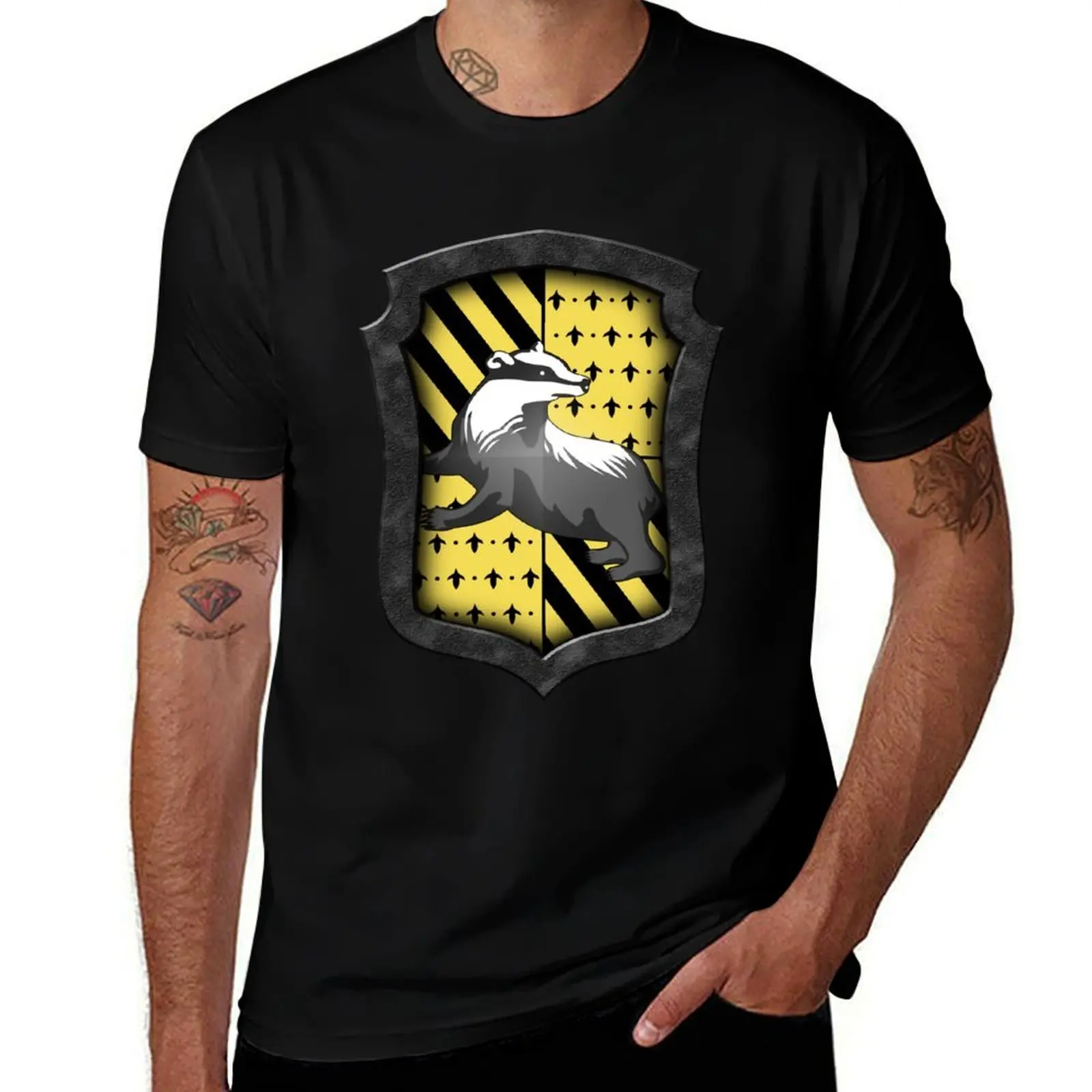 Badger House Crest Black Yellow T-Shirt Big and Tall Crew Neck Tee