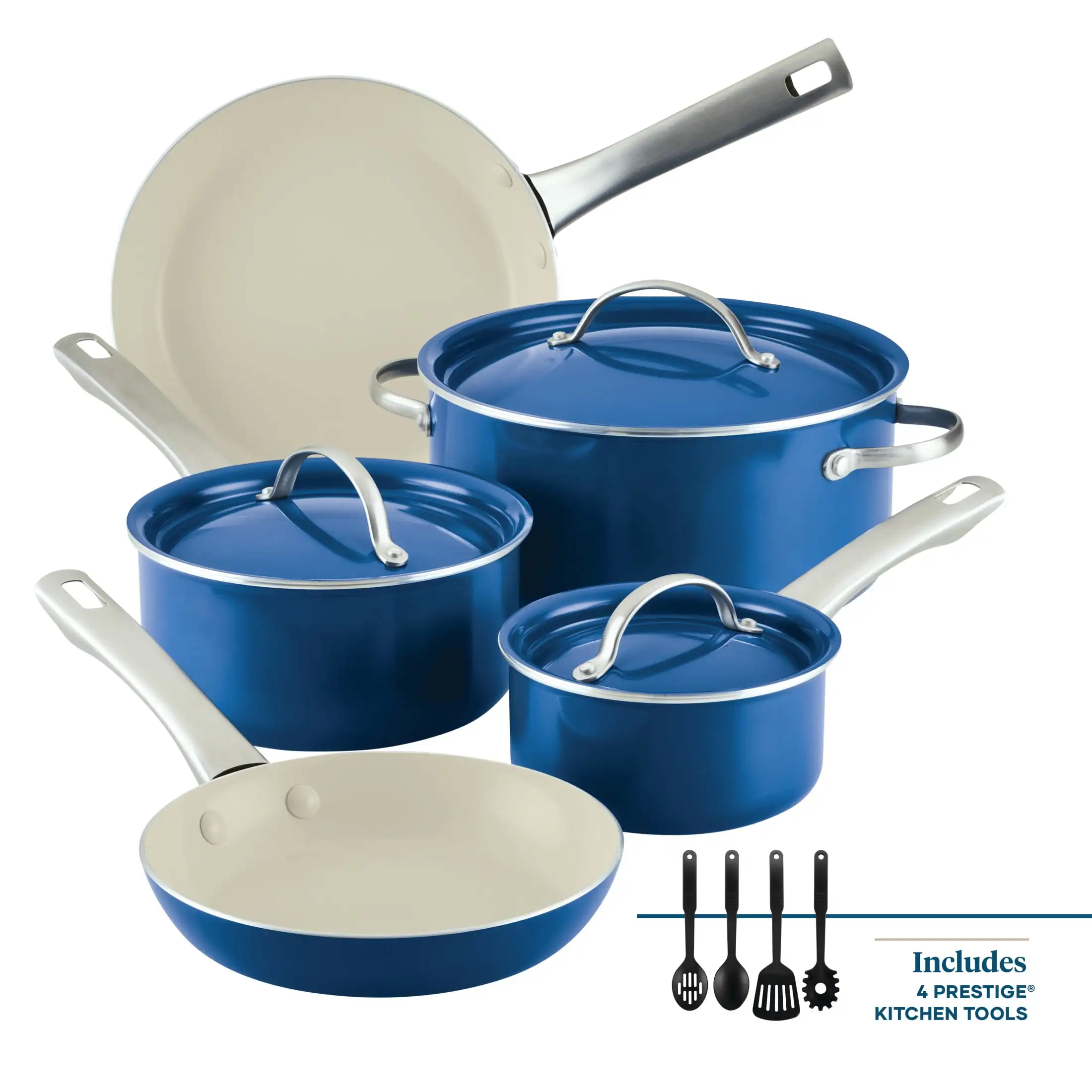 12 Piece Ceramic Nonstick Pots and Pans Set Blue Handles Made of Brushed Stainless Steel and Attached with Coated Dual Rivets