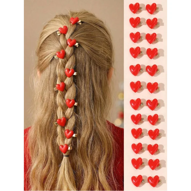 10pcs/Set Girls Valentine's Day & New Year Red Heart Hair Clips Set, Suitable For New Year Decoration And Daily Decoration