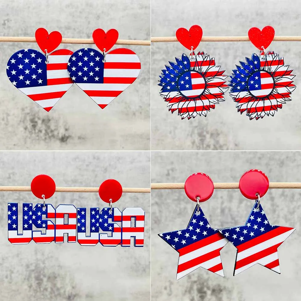 July 14th American Flag Acrylic Earrings Sunflower Five Pointed Star USA Earring Independence Day Jewelry for Women Jewelry Gift