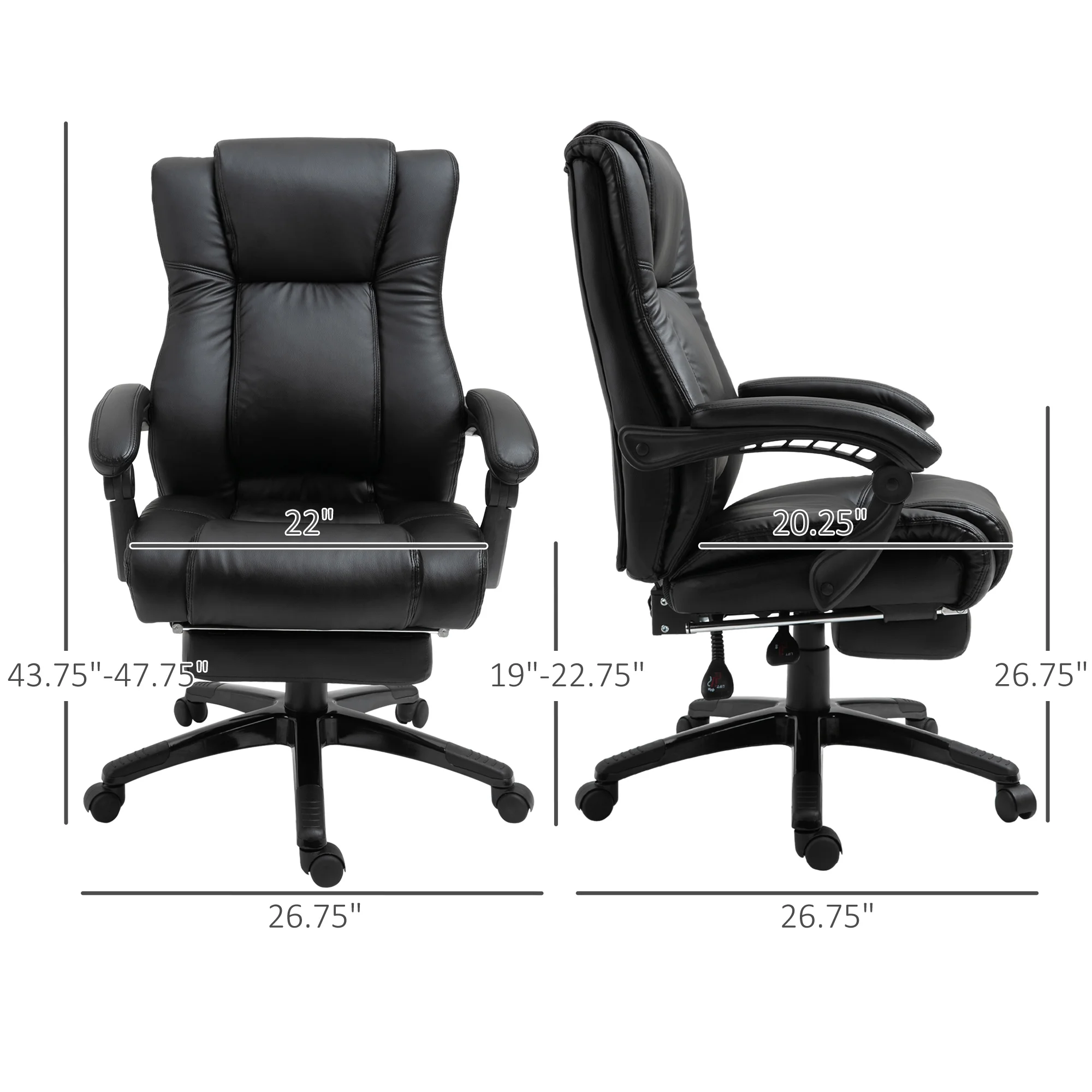 Thick Padded Computer Desk Chair with Retractable Footrest and Recline, Black