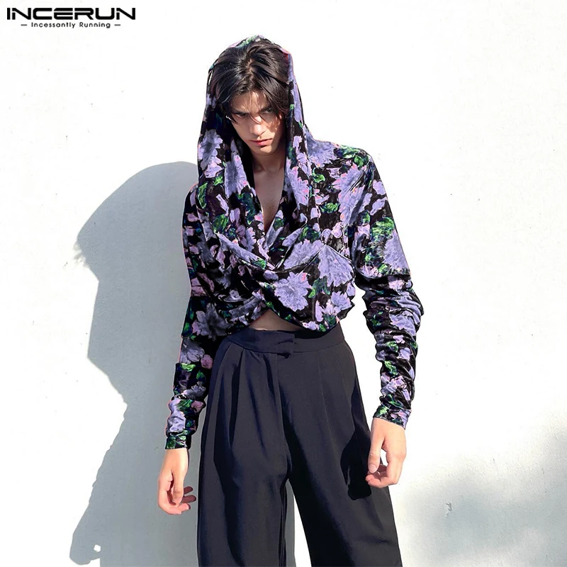 Fashion Well Fitting Tops INCERUN Men's Printed Floral Vacation Style Hooded Blouse Casual Personality Long Sleeved Shirts S-5XL