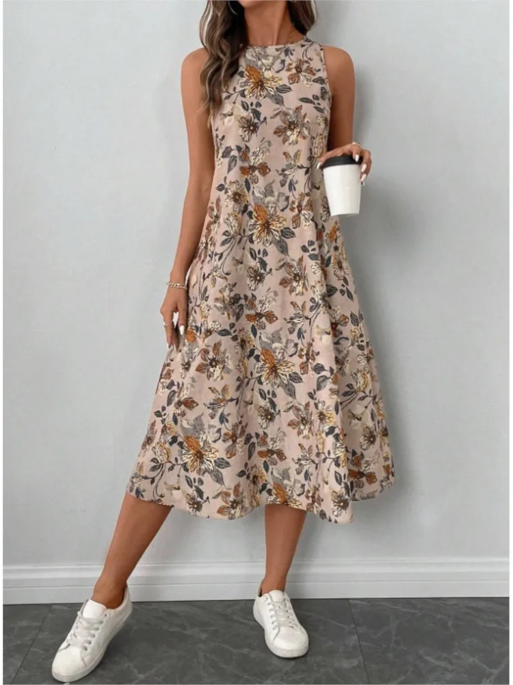 

Women's Fashion New Floral Print Pocket A-line Dresses 2025 Summer Casual O-neck Sleeveless Party Midi Dress Woman Beach Dress