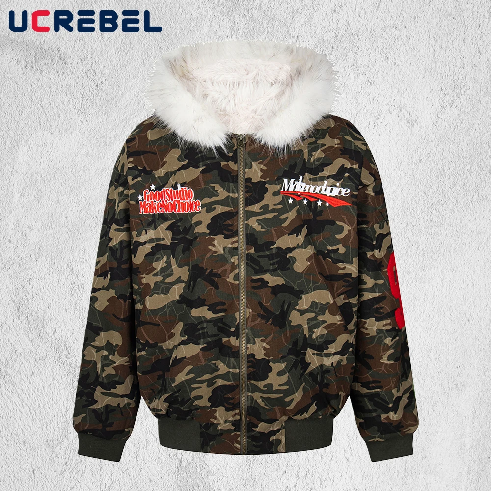 

Letter Embroidery Camouflage Padded Jacket Mens Retro Hip Hop High Street Winter Thick Hooded Long Sleeve Outerwear Man