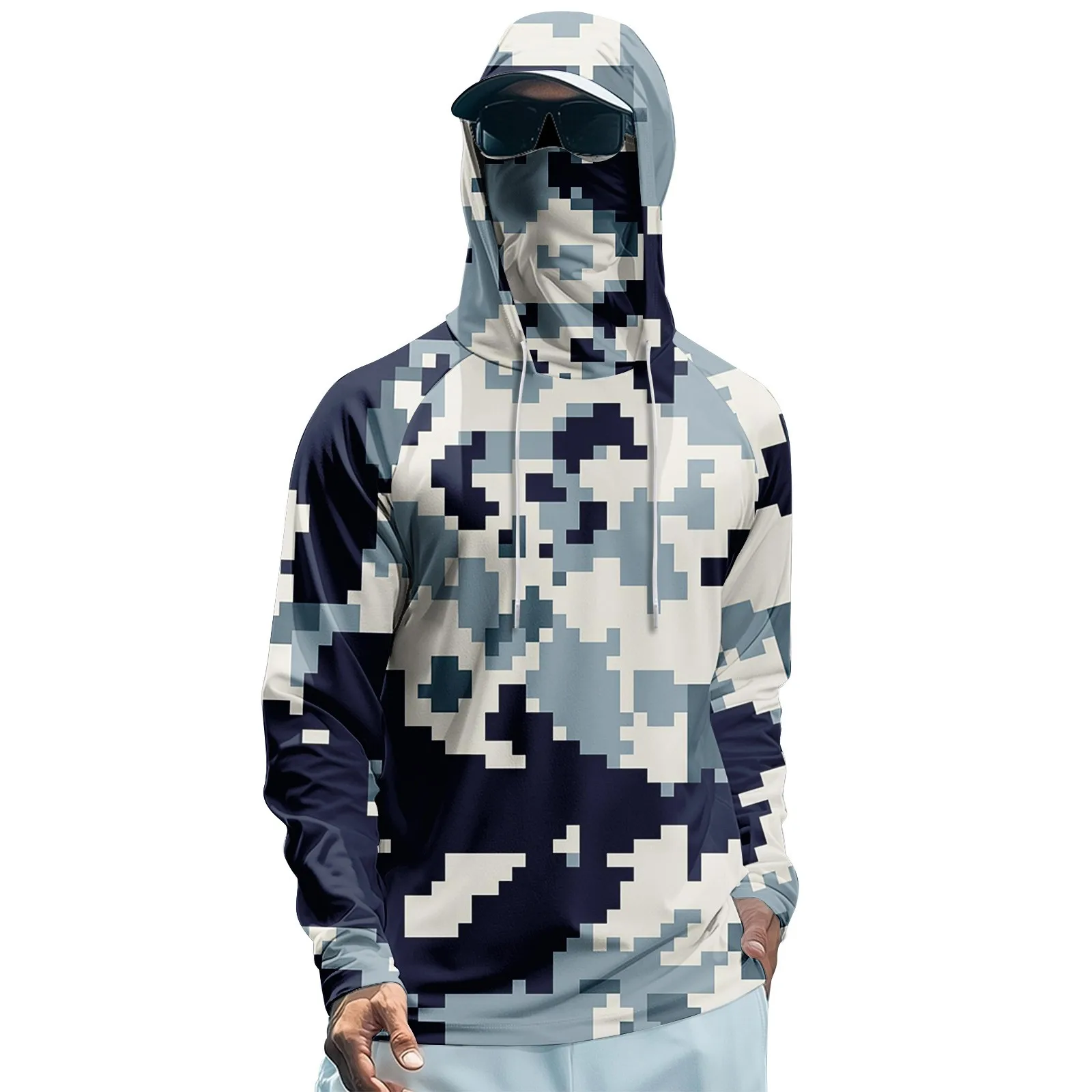 Functional Digital Camouflage Shirt Men's Hooded Raglan Shirt with Face Mask Quick-Drying and Breathable Long-Sleeve for Fishing