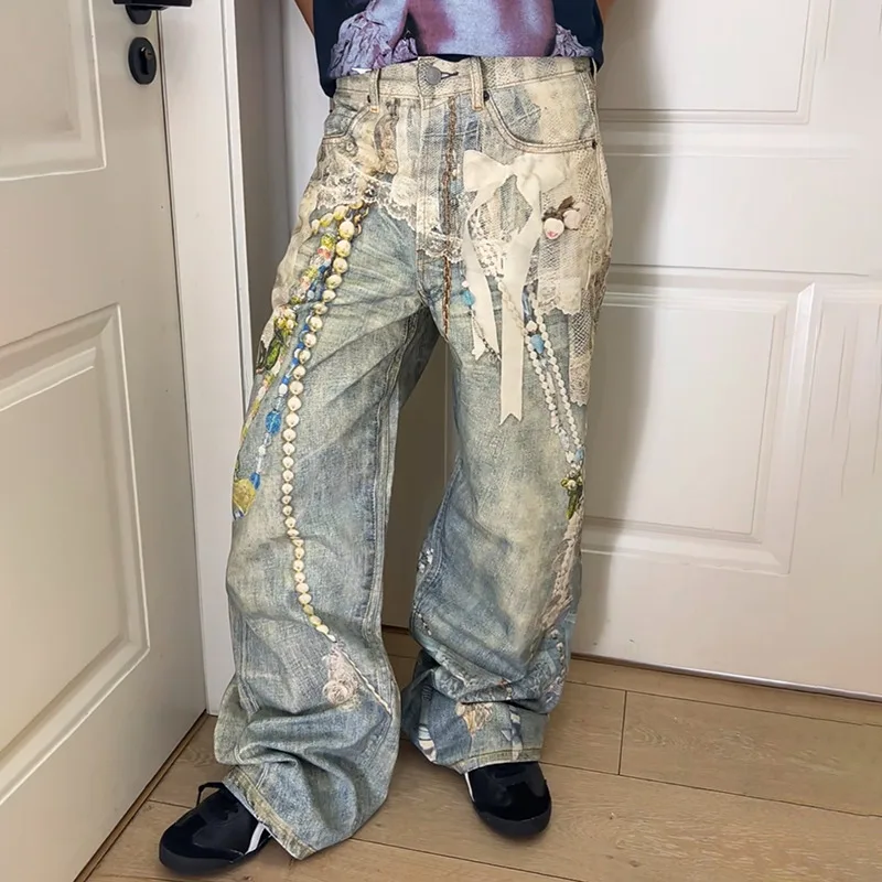 MWJLPWQ الدانتيل اللؤلؤ سلسلة ثلاثية الأبعاد مطبوعة الذكور تصميم الجينز شارع العليا مستقيم بنطال ذو قصة أرجل واسعة للجنسين 2025 الخريف موضة جديدة 21054