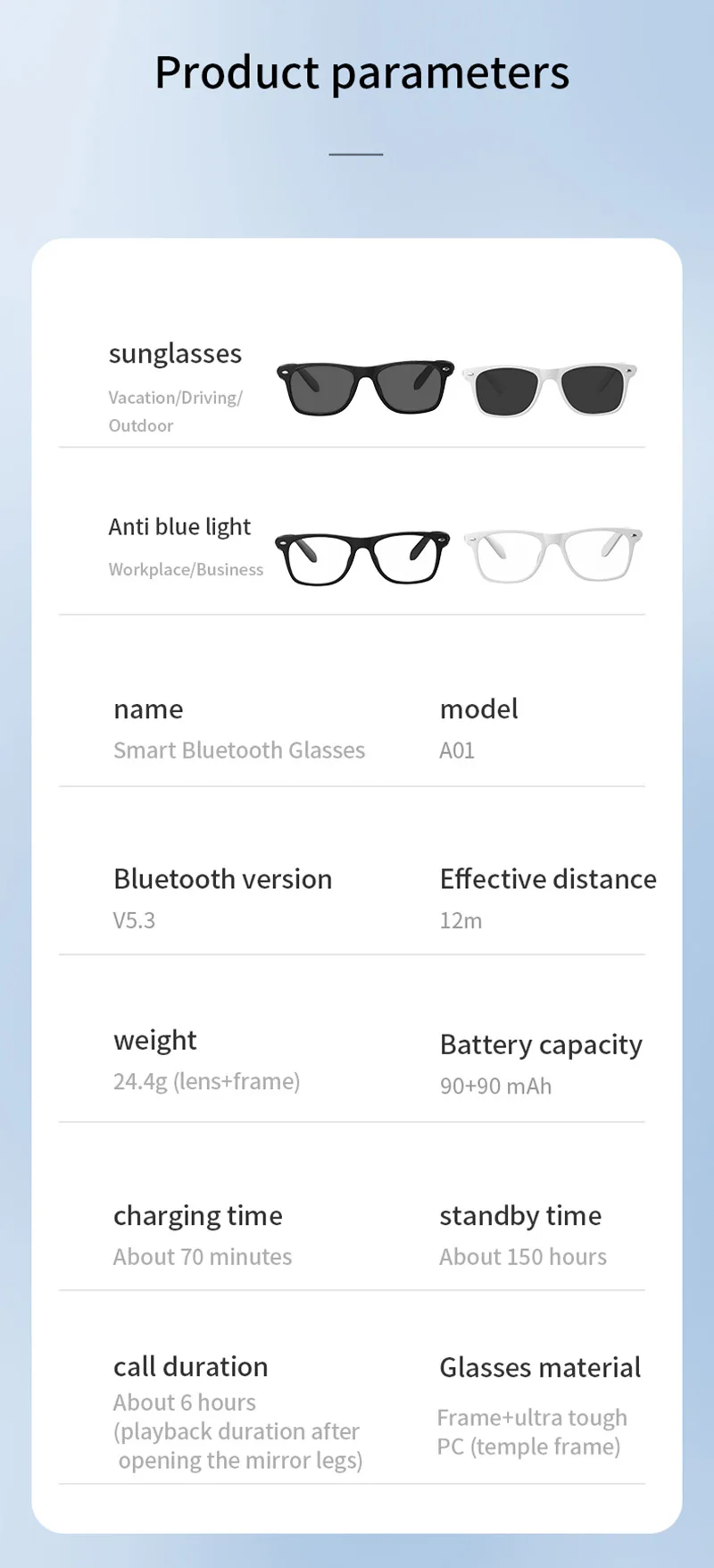 Xiaomi a01 óculos inteligentes bluetooth sem fio fones de ouvido multi funcional tradução em tempo real anti luz azul
