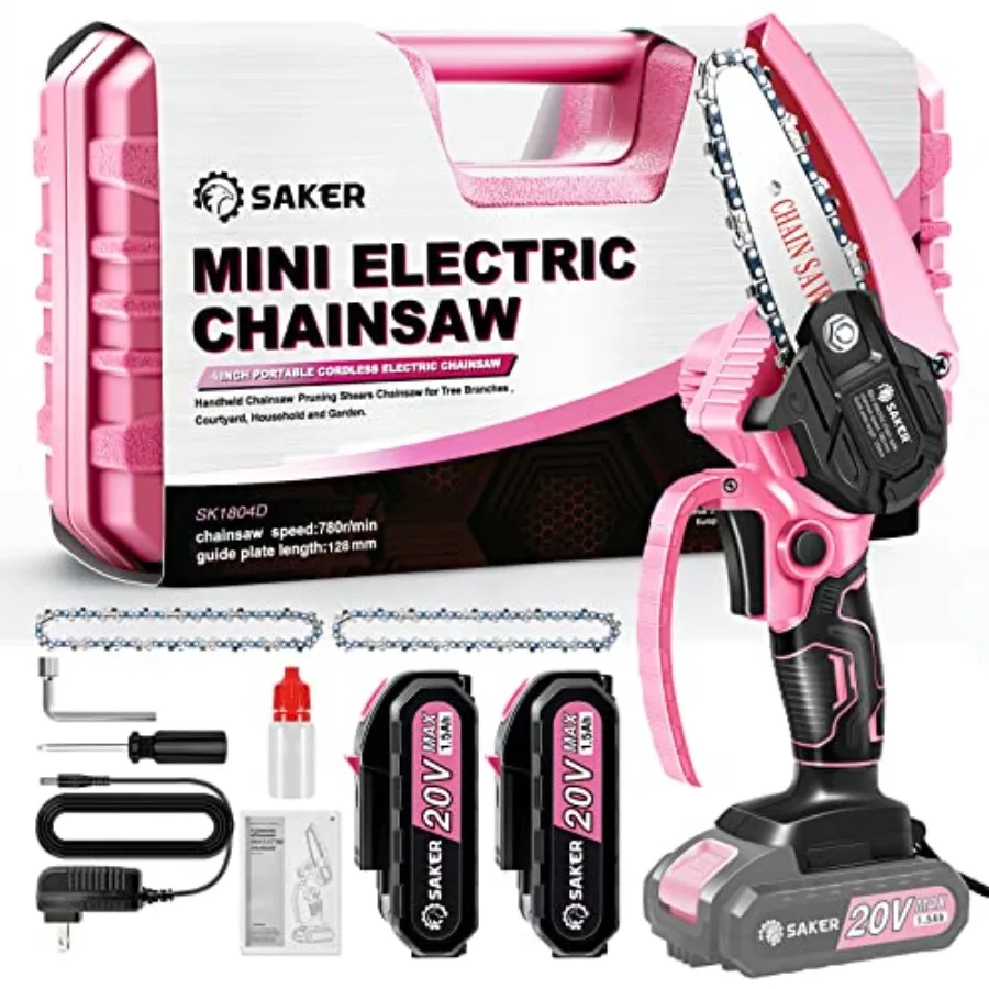 Mini Chainsaw Cordless 6-Inch 2023 Upgrade Switch Security Lock and Saker Mini Chainsaw Portable Electric Pink Mini Chain