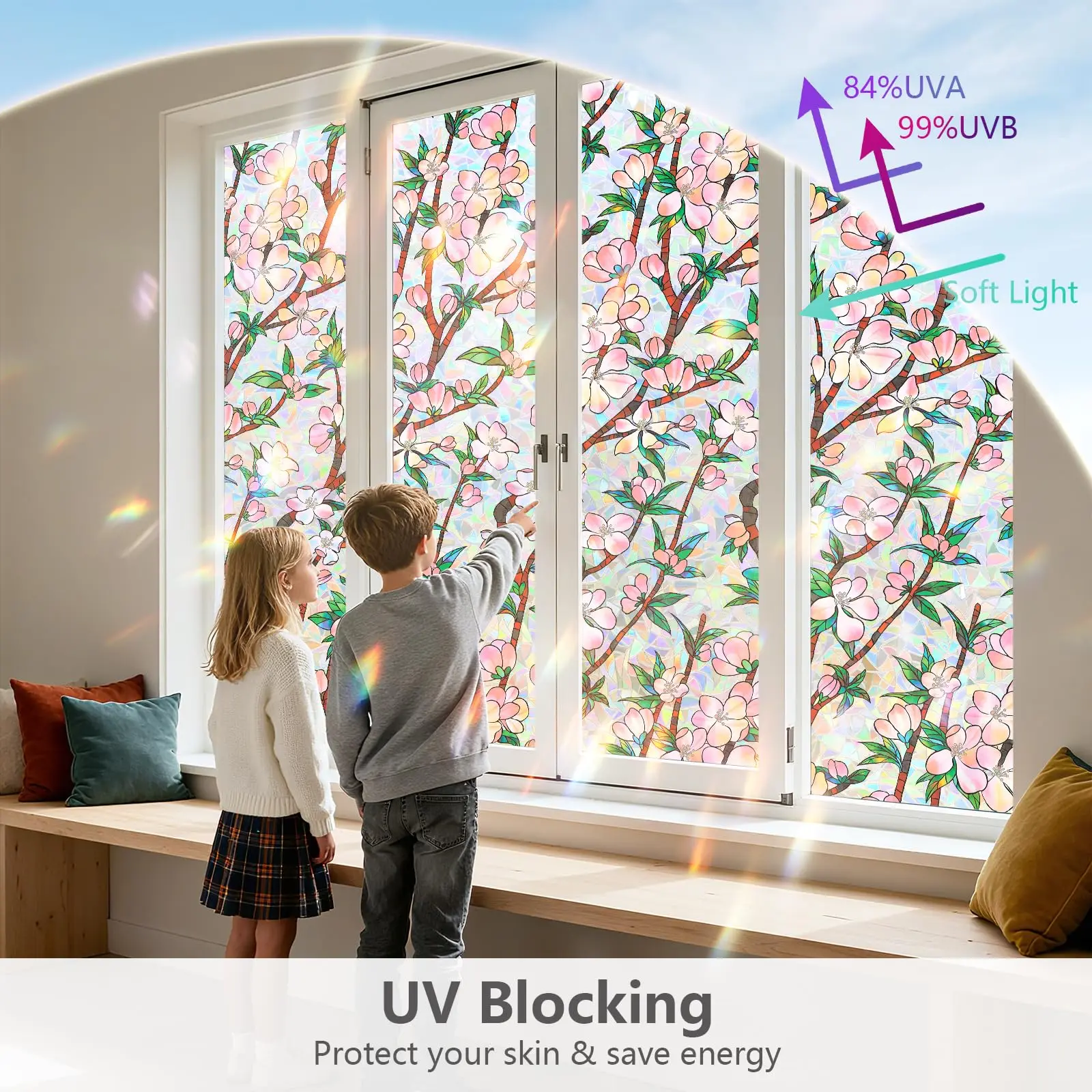 Window Privacy Film, Rainbow Stained Glass Pink Vinyl Static Stickers, Blocks Heat & UV Peach Blossom Design for Home Door