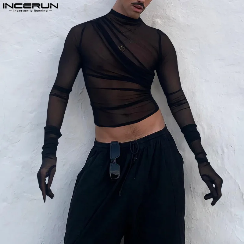 INCERUN Sexy Men Tops Mockneck Long Sleeve Mesh Transparent T Shirts Night Club Party Sexual See Through Net Yarn Shirts