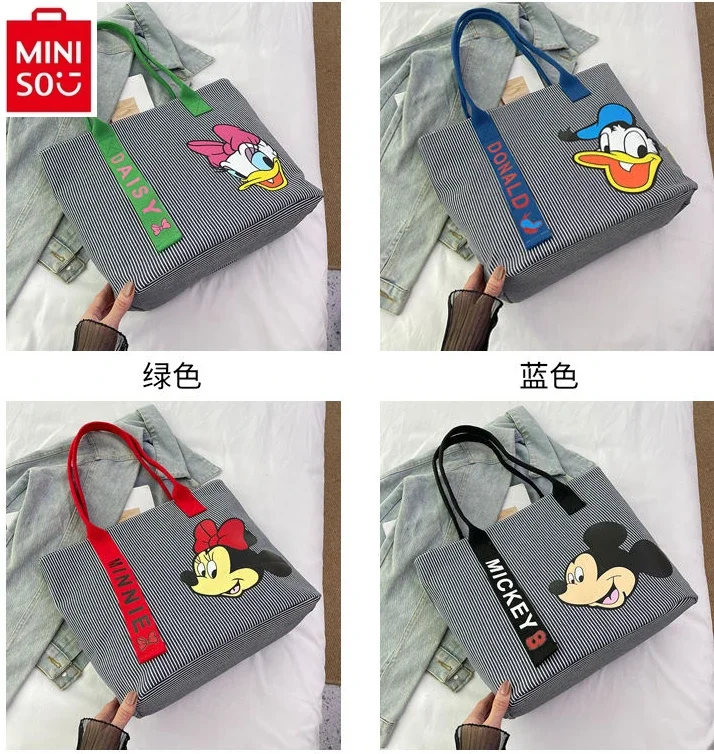 MINISO 2024 New Disney Cartoon Mickey Large Capacity Handbag for Women, High Quality Canvas Versatile Casual Tote Bag