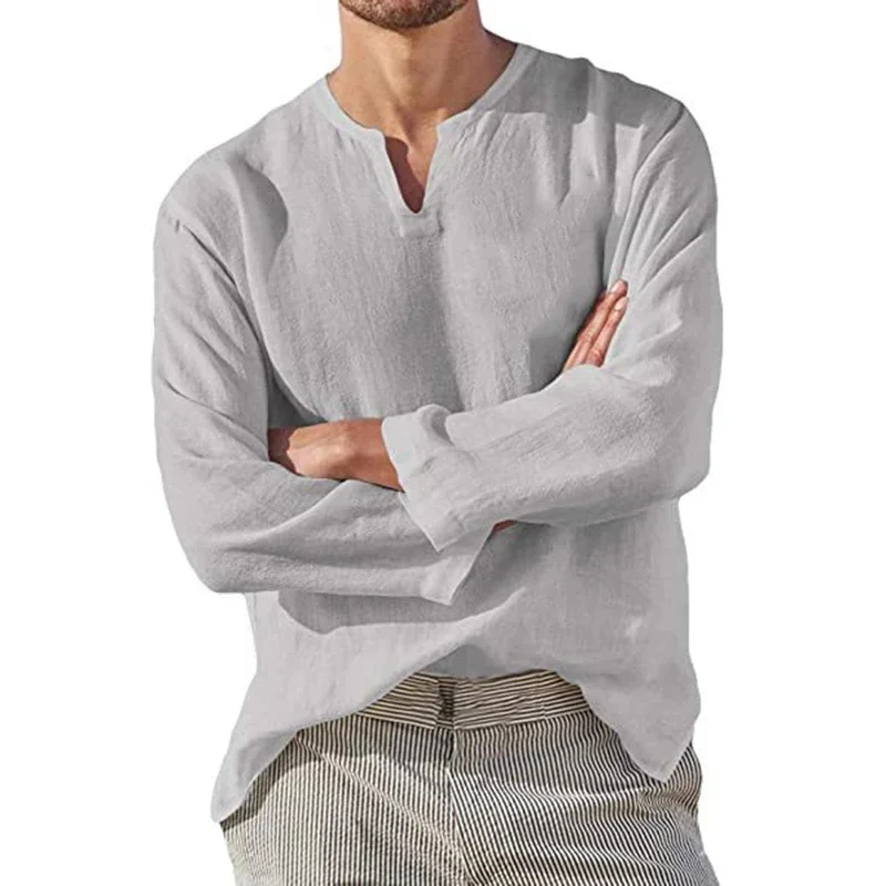 2026 Linen Shirt Men Brief Breathable Solid Color Long Sleeve Harajuku Casual Blouse Hawaiian Shirt Oversize Tops S-5XL