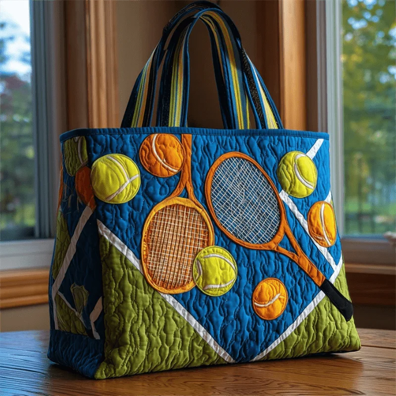 Quilted Printed Tote Bag, Tennis Racket And Tennis Ball Pattern Top Handle Handbag for Women, Large Capacity Casual Shopping Bag