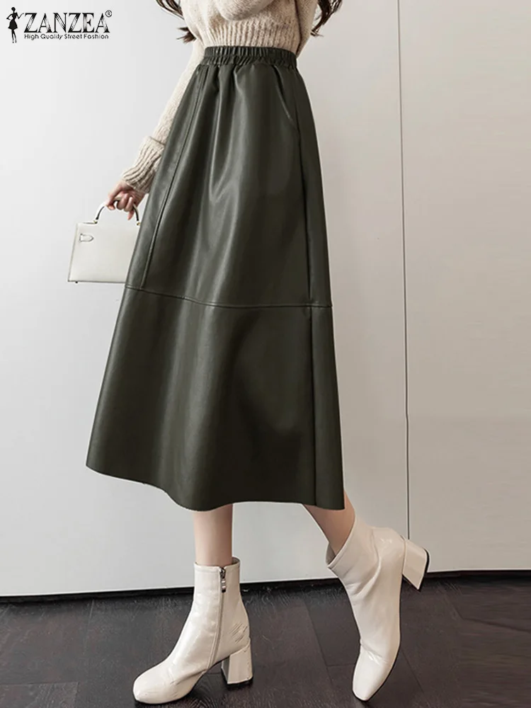 

Elegant Casual Party Holiday Midi Skirts ZANZEA Women Autumn Fashion High Waist A-line PU Skirt Leather Faldas Saia Streetwear