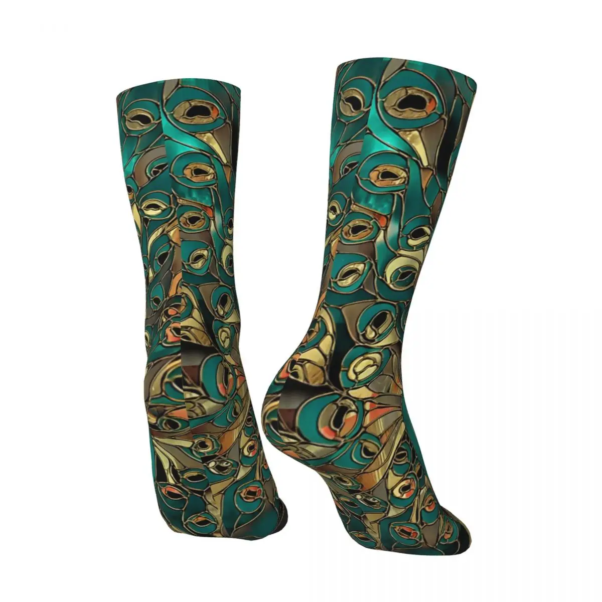 Aqua And Gold Peacock Men's Socks Vintage Harajuku Street Style Novelty Seamless Crew Sock