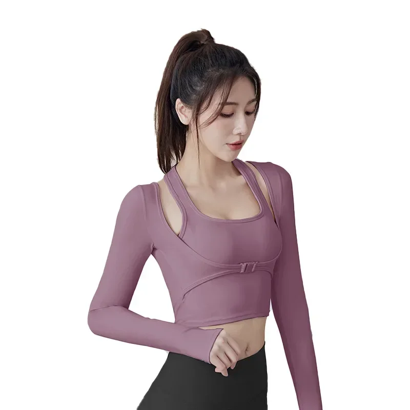 Padded Gym Long Sleeve Women Yoga Shirts Fake Two Pieces Fitness Tops with Underbust Fastener Sexy Workout Top