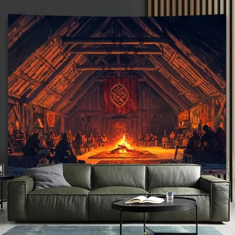 VIKAMA Norse Viking Tapestry Medieval Cabin Warrior Rune Pattern Durable Lightweight For Man Cave Bedroom Wall Decor Home