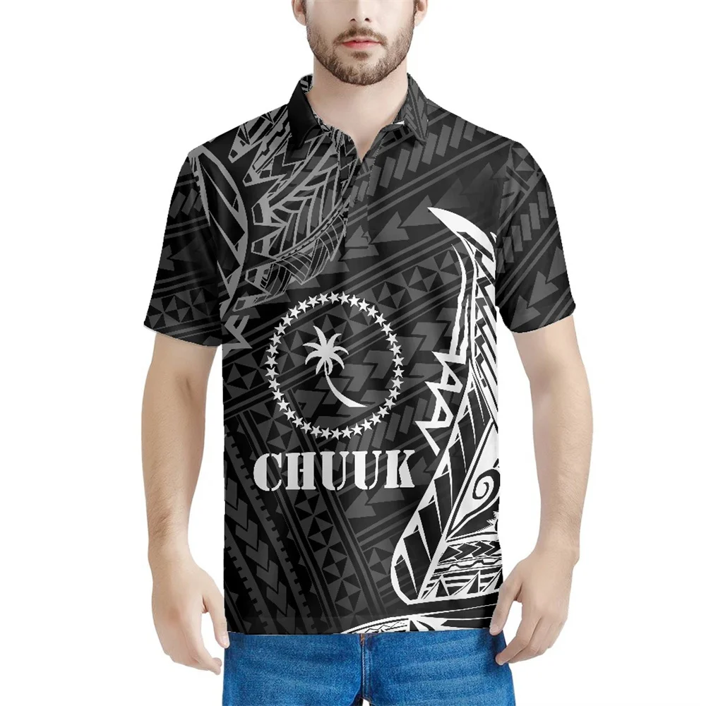 

New Short Sleeve Men's Polo T-shirt Polynesian Tribal Clothing CHUUK Islands Floral Print Collar Button Up Grey Business Shirts