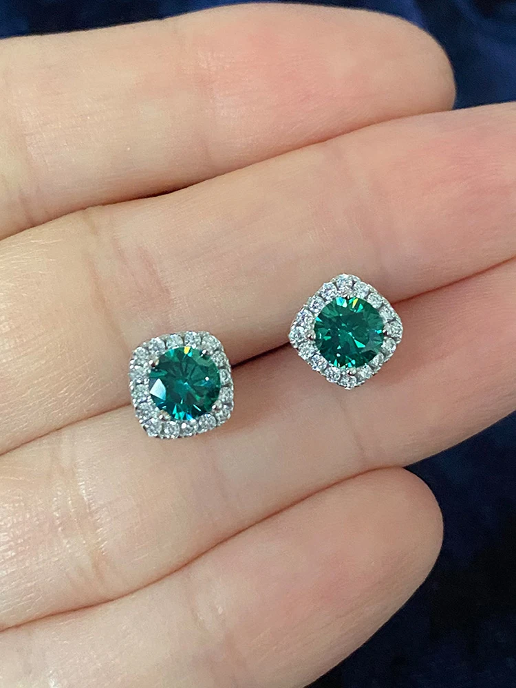 Solid 925 Sterling Silver Lab Blue Green Moissanite Diamond Stud Earrings for Women Super Sparkling Wedding Jewelry Gifts