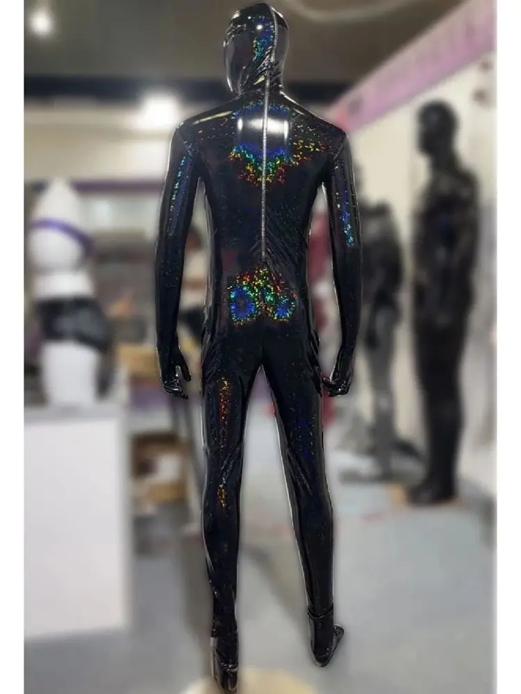 Couro brilhante do plutônio do PVC, olhar molhado, Catsuit encapuzado, Zentai, zíper separado do dedo, bodysuit do busto, calças justas apertadas, collant do PVC, M a 4XL