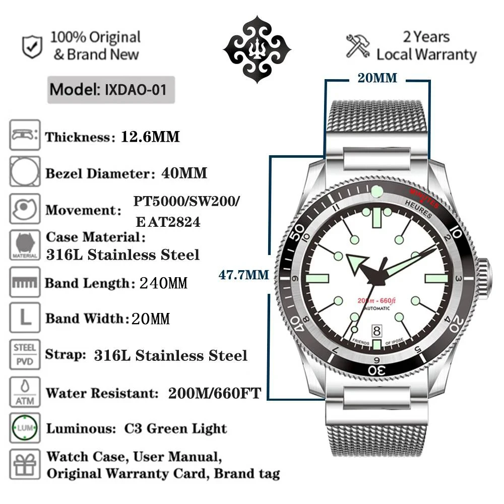 IPOSE IX&DAO 2024New Men\'s GMT Automatic Mechanical Watch ETA2824-2 Movement Luminous waterproof Stainless Steel reloj hombre