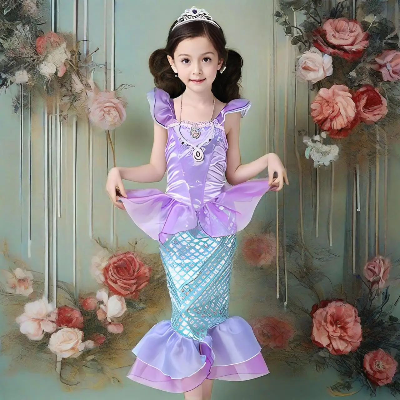 Little Girls Mermaid Tail Costume Purple Satin Ruffle Sleeveless Sequined Dress Child Birthday Halloween Party Princess Outfit